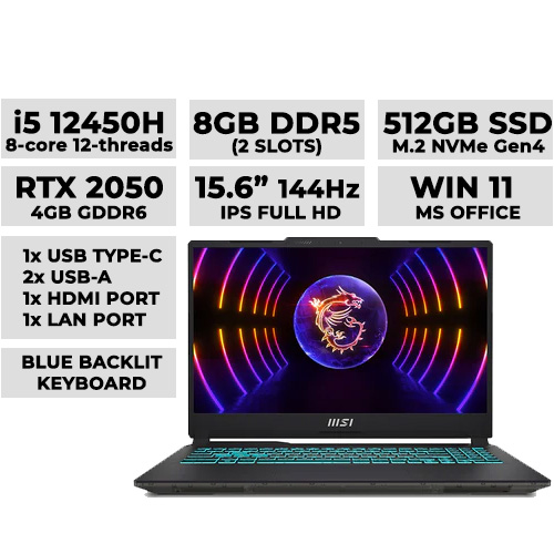 MSI CYBORG 15 A12UCX 1298PH Gaming Laptop 15.6" IPS 144Hz | i5-12450H | 8GB DDR5 (2 Slots) | 512GB NVMe | RTX 2050 4GB